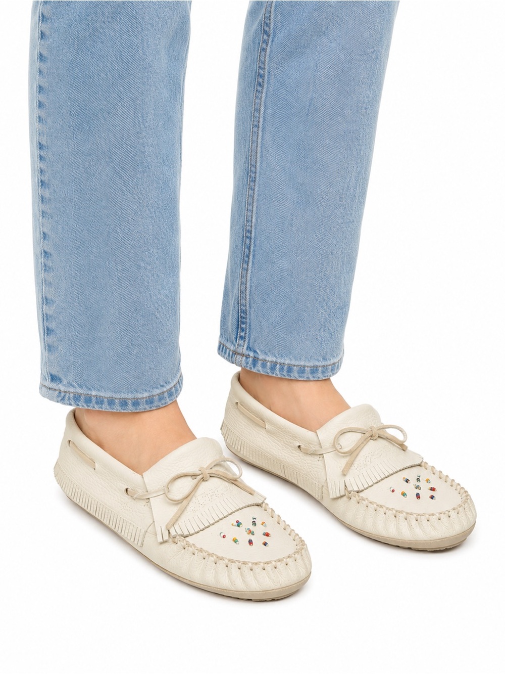 Size 8 Laurentian Chief Women’s Vintage White Leather Beaded Moccasins Canada